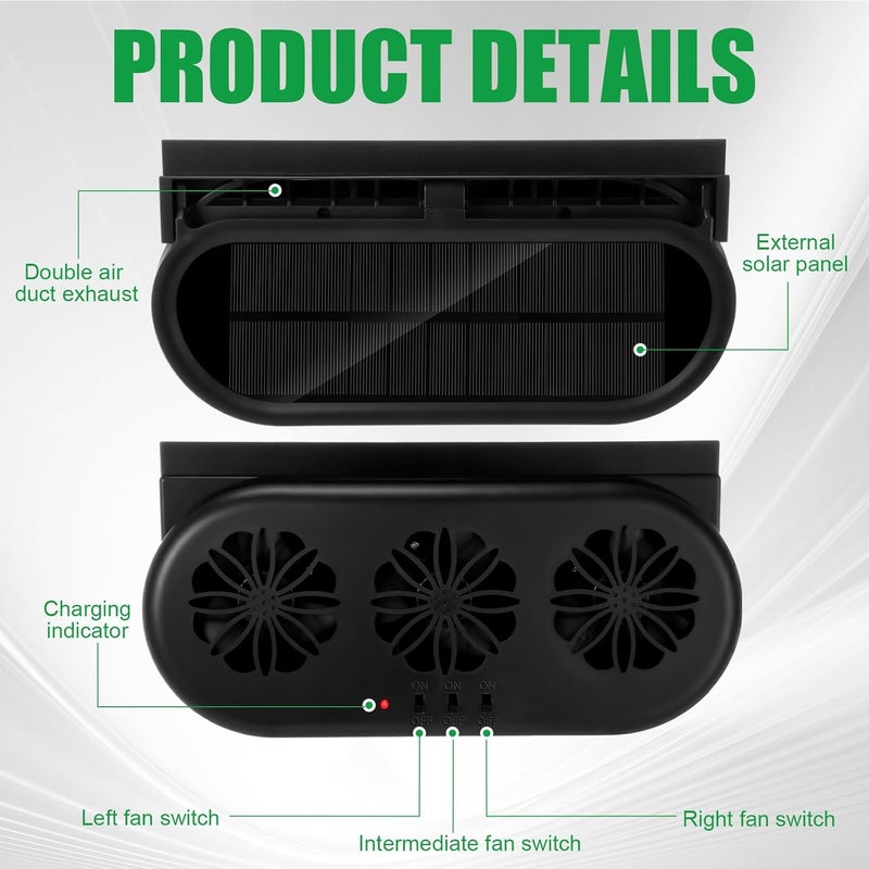 Tujoe 2 Pack Solar Powered Car Exhaust Fan 3 Fans Car Window Air Vent Radiator Solar Energy Cooling Vent Exhaust for General Types(Solar & USB Cable 3 Fans,Black) - Image 3